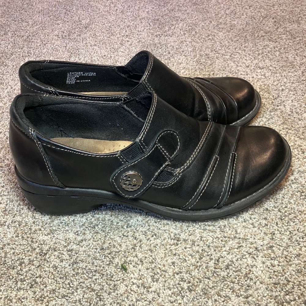 Earth Origins Galen Black Leather Clogs Womens 8.5 M Slip On Comfort Shoes 2016F